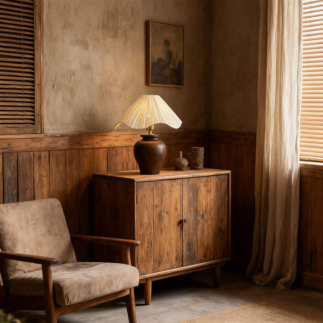 Keluno Table Lamp – Vintage Wabi-Sabi Wood & Raffia Lamp