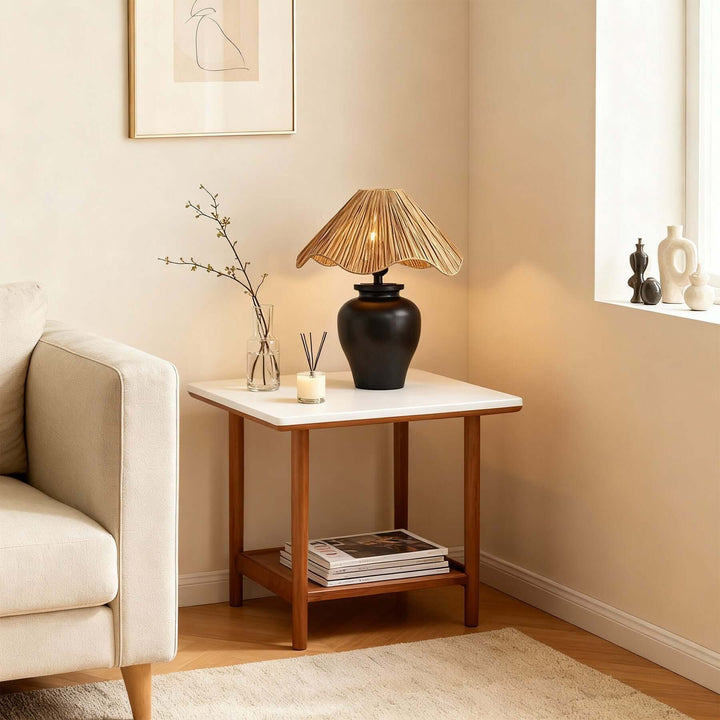 Keluno Table Lamp – Vintage Wabi-Sabi Wood & Raffia Lamp