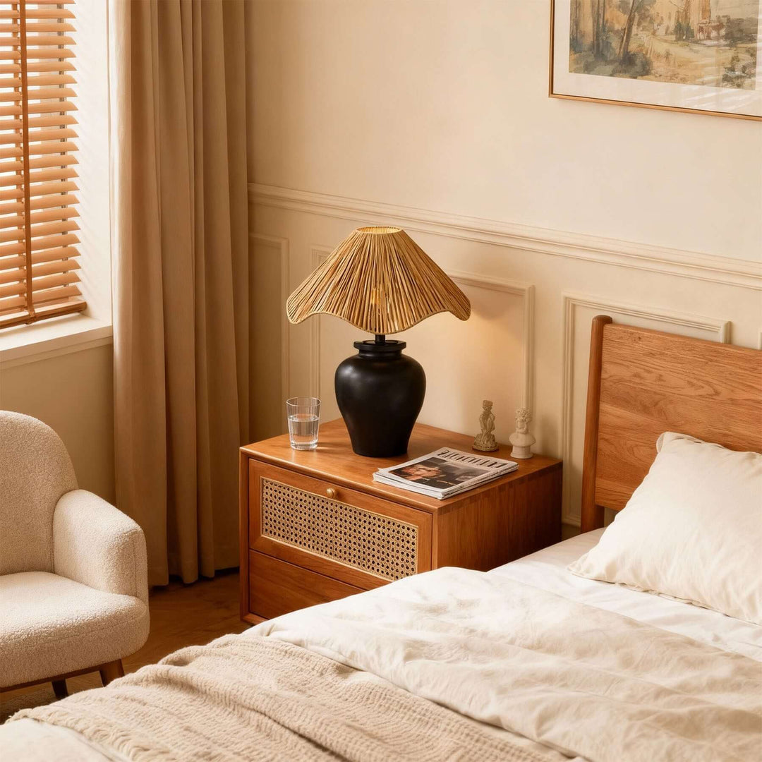Keluno Table Lamp – Vintage Wabi-Sabi Wood & Raffia Lamp