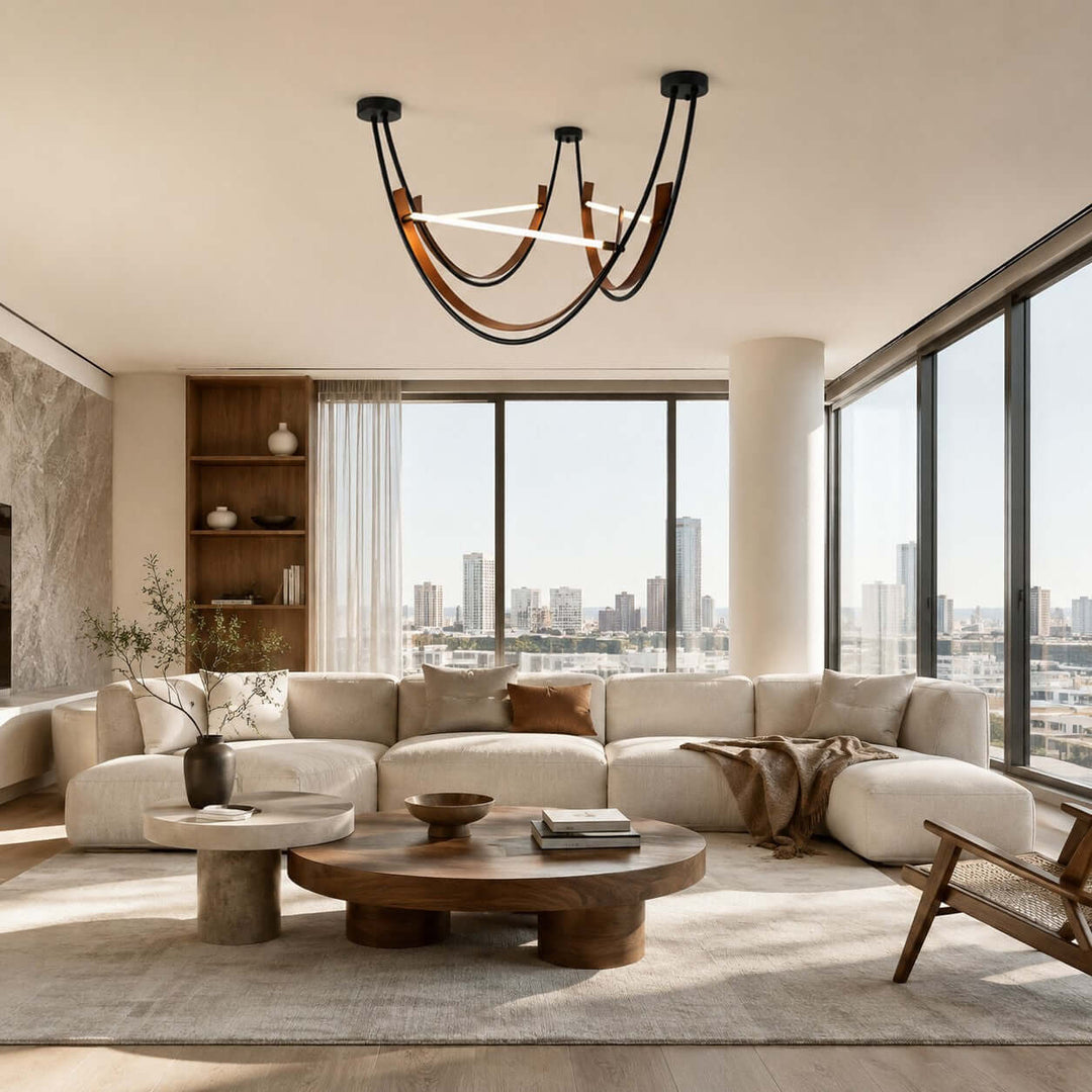 Kipton Contemporary Brown Leather LED Chandelier for Living Area