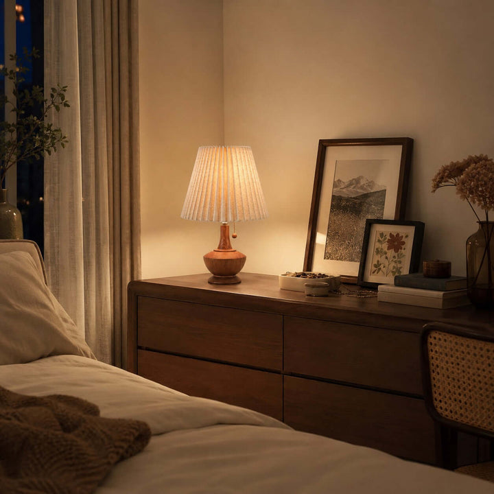 Kivaro Wooden Table Lamp with Pleated Fabric Shade for Bedroom