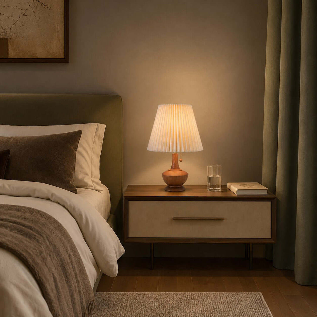 Kivaro Wooden Table Lamp with Pleated Fabric Shade for Bedroom