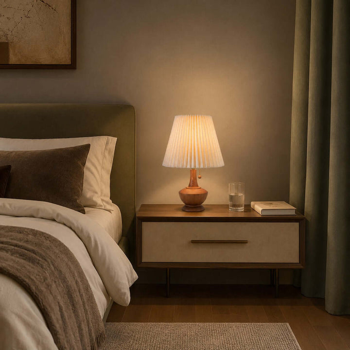 Kivaro Wooden Table Lamp with Pleated Fabric Shade for Bedroom