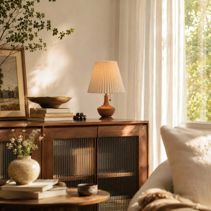 Kivaro Wooden Table Lamp with Pleated Fabric Shade for Bedroom
