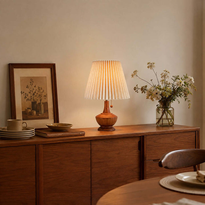Kivaro Wooden Table Lamp with Pleated Fabric Shade for Bedroom
