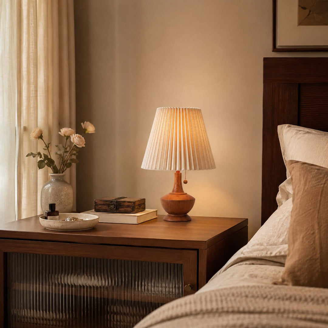 Kivaro Wooden Table Lamp with Pleated Fabric Shade for Bedroom