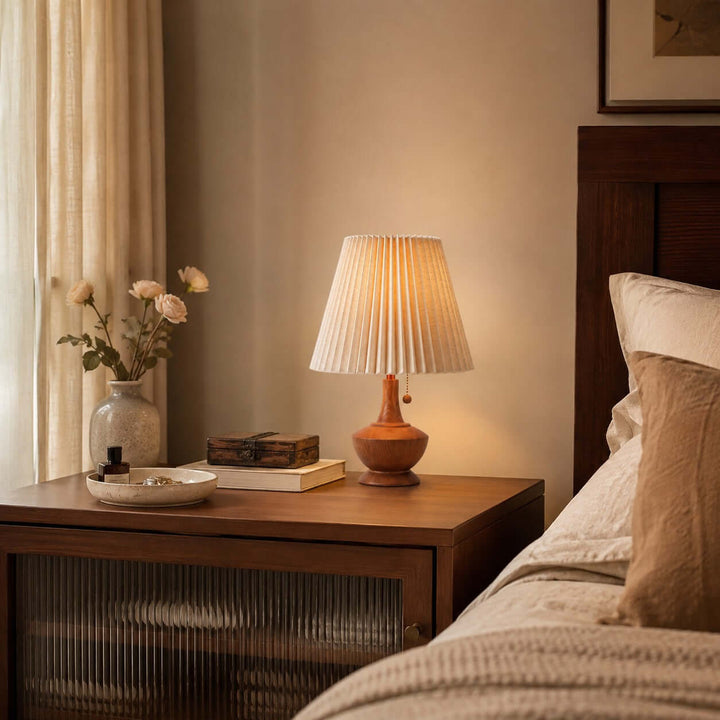 Kivaro Wooden Table Lamp with Pleated Fabric Shade for Bedroom