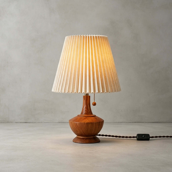 Kivaro Wooden Table Lamp with Pleated Fabric Shade for Bedroom