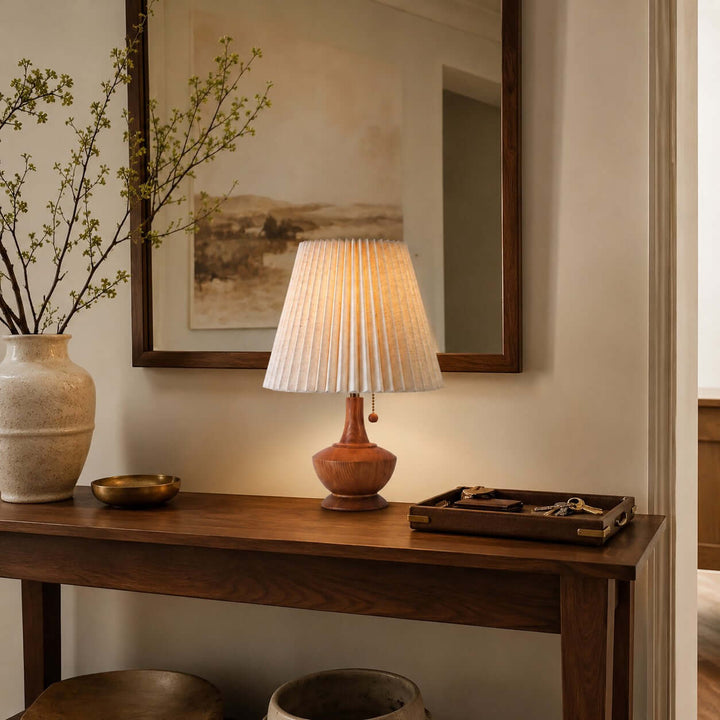 Kivaro Wooden Table Lamp with Pleated Fabric Shade for Bedroom