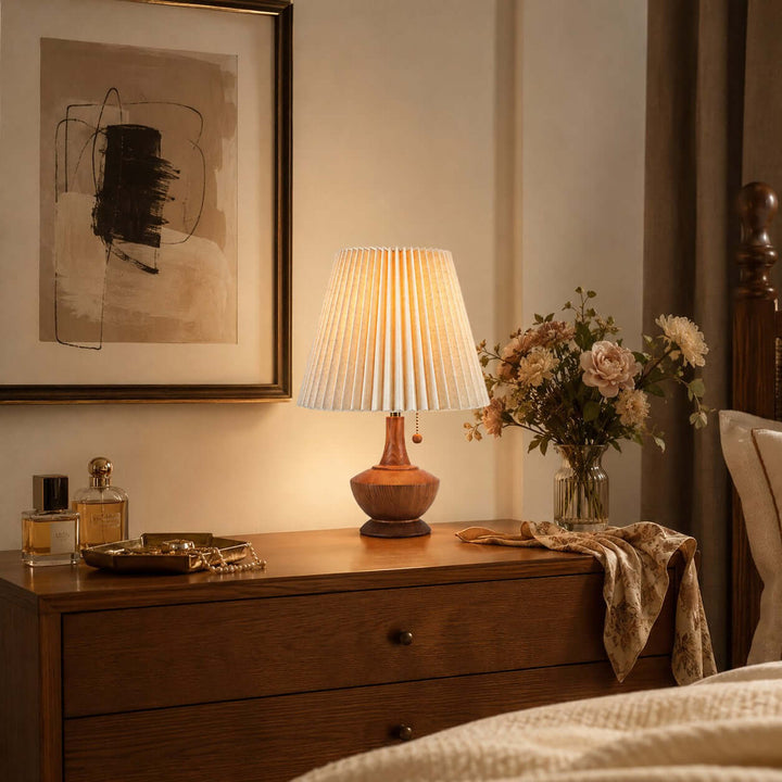 Kivaro Wooden Table Lamp with Pleated Fabric Shade for Bedroom