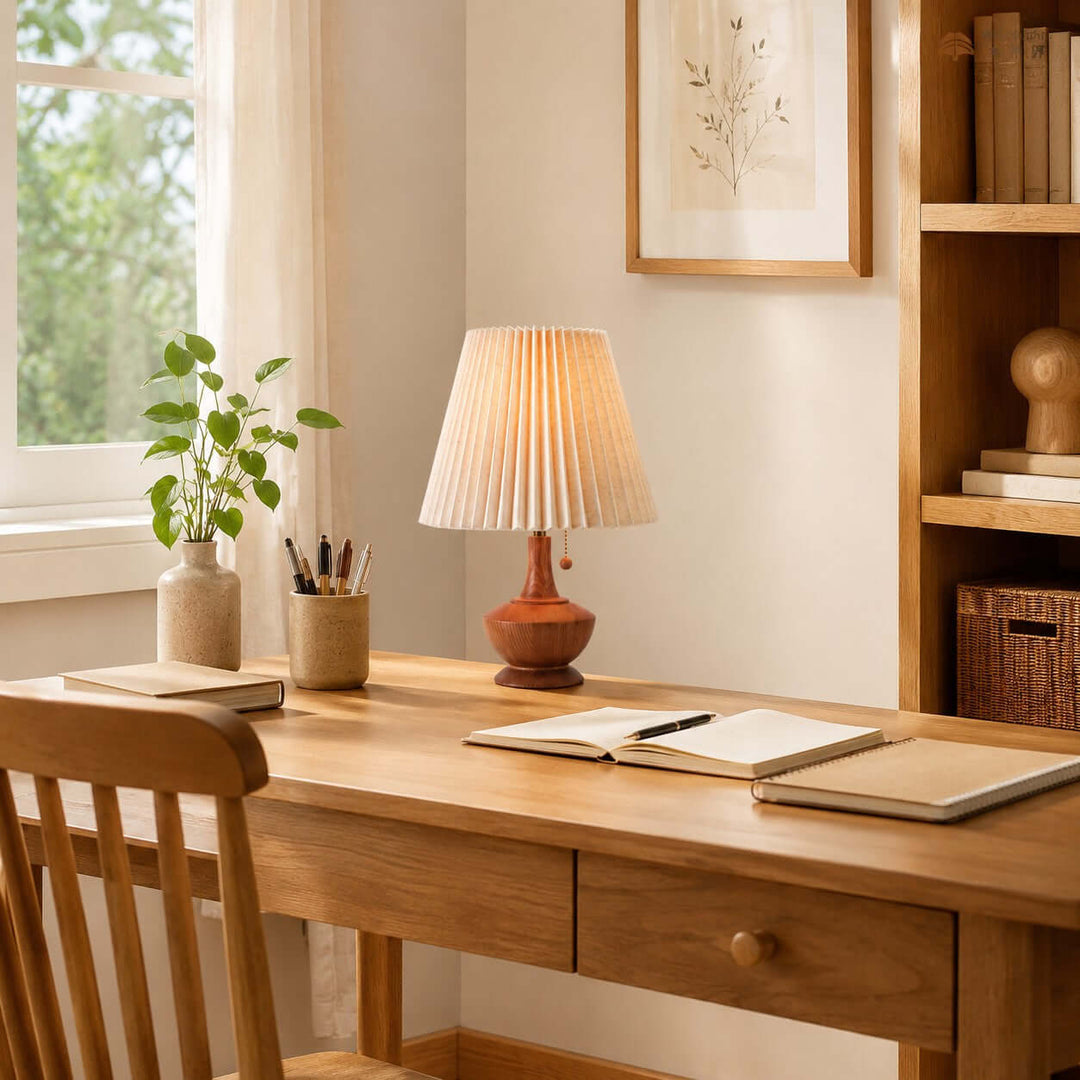 Kivaro Wooden Table Lamp with Pleated Fabric Shade for Bedroom