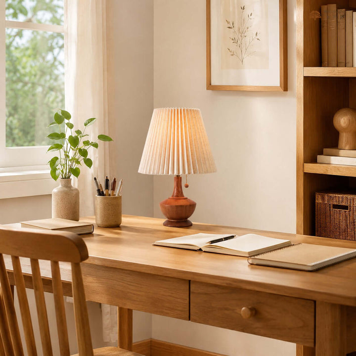 Kivaro Wooden Table Lamp with Pleated Fabric Shade for Bedroom