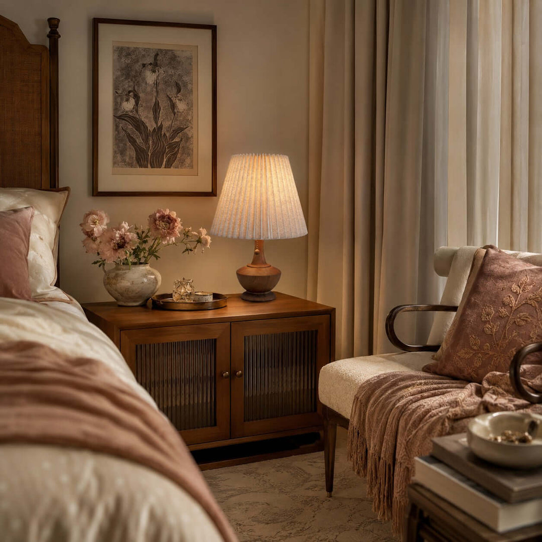 Kivaro Wooden Table Lamp with Pleated Fabric Shade for Bedroom