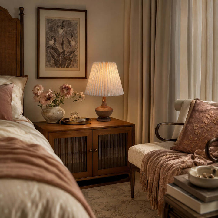 Kivaro Wooden Table Lamp with Pleated Fabric Shade for Bedroom