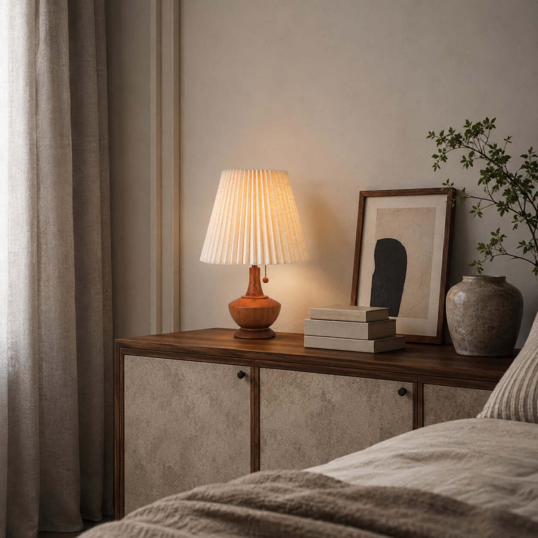 Kivaro Wooden Table Lamp with Pleated Fabric Shade for Bedroom