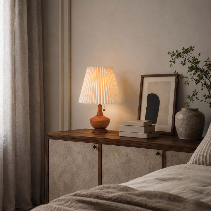 Kivaro Wooden Table Lamp with Pleated Fabric Shade for Bedroom