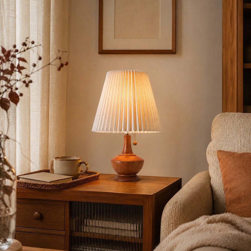Kivaro Wooden Table Lamp with Pleated Fabric Shade for Bedroom