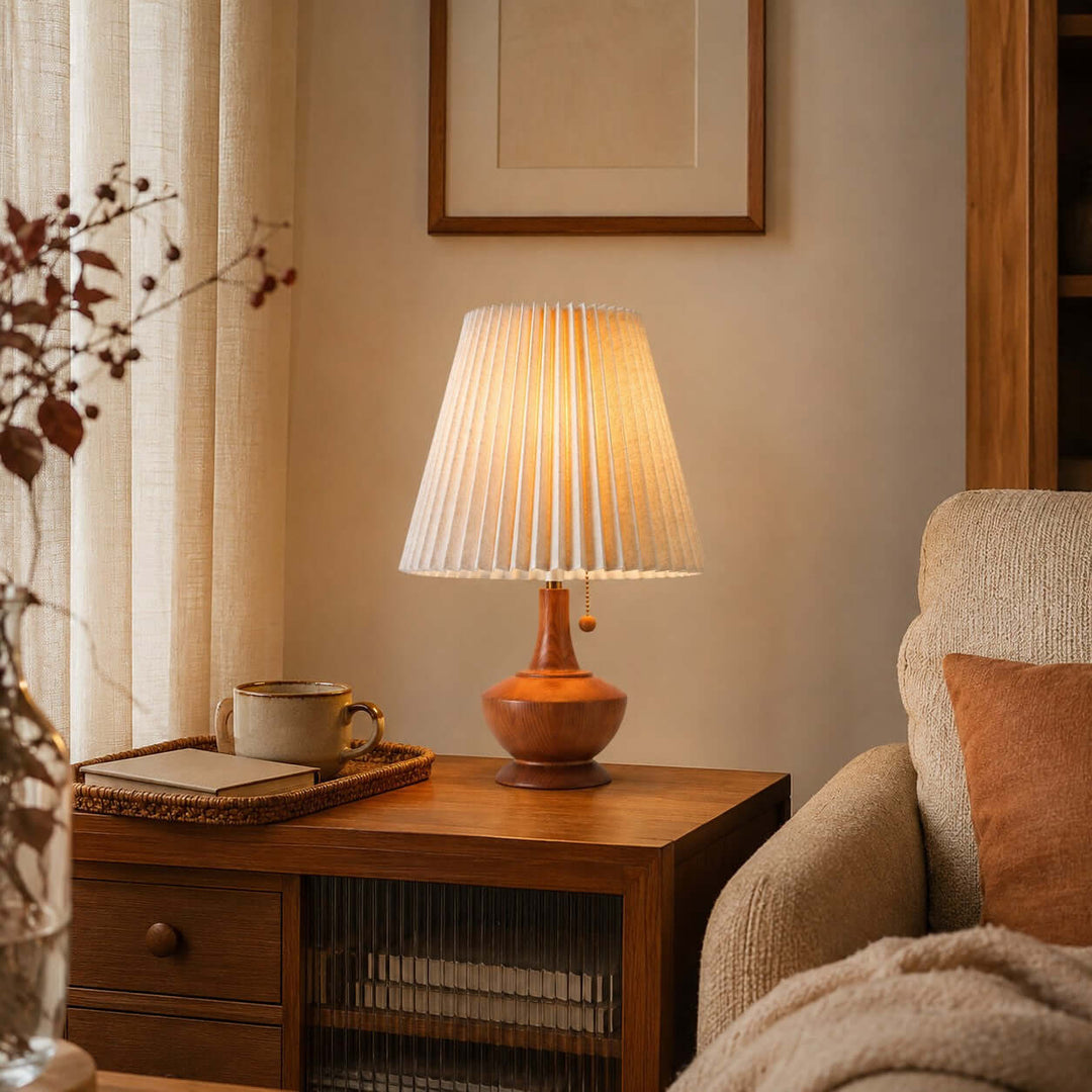 Kivaro Wooden Table Lamp with Pleated Fabric Shade for Bedroom