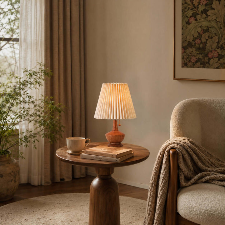 Kivaro Wooden Table Lamp with Pleated Fabric Shade for Bedroom