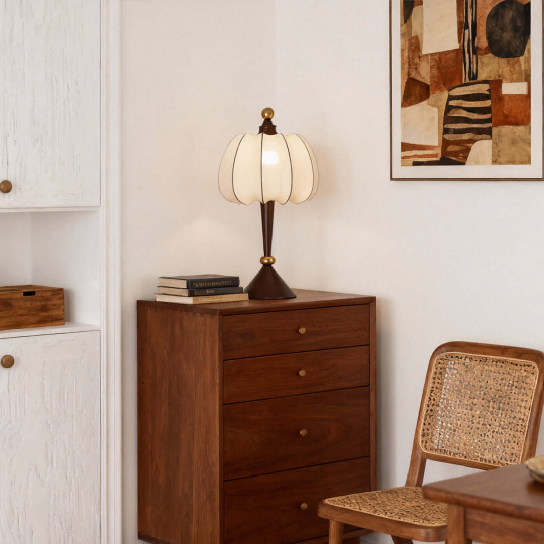 Koravi Table Lamp – French Retro Solid Wood Fabric Desk Lamp