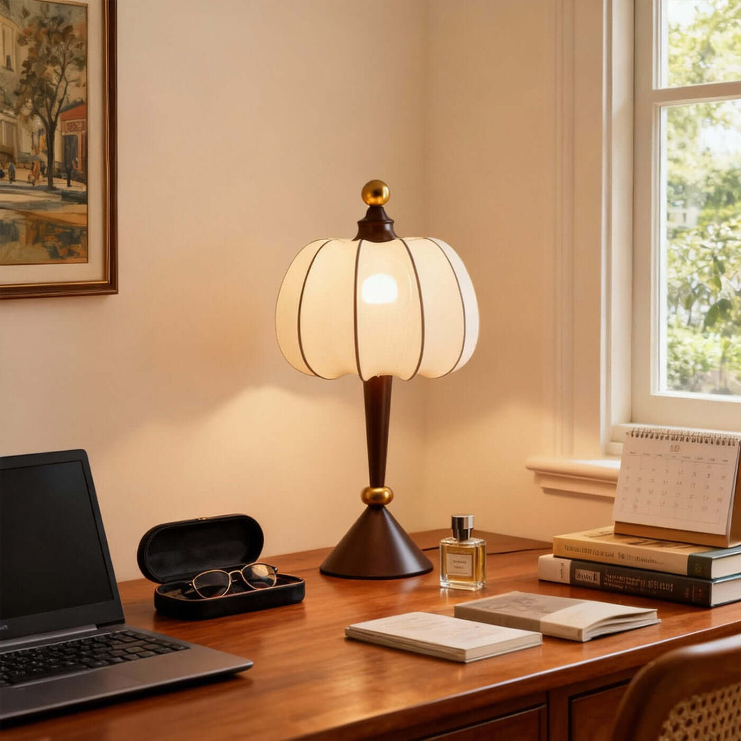 Koravi Table Lamp – French Retro Solid Wood Fabric Desk Lamp