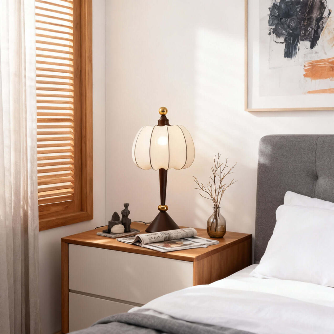 Koravi Table Lamp – French Retro Solid Wood Fabric Desk Lamp