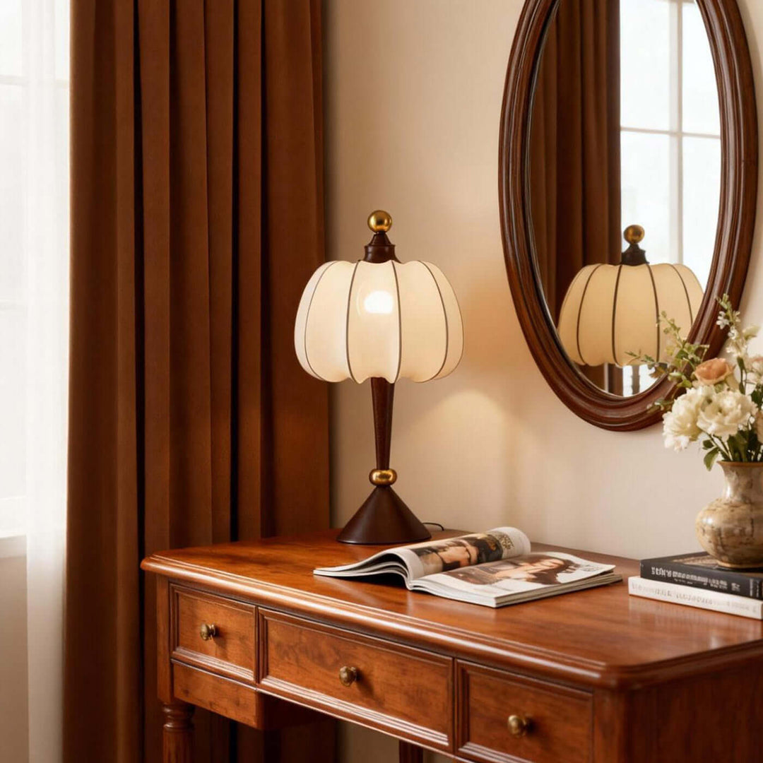 Koravi Table Lamp – French Retro Solid Wood Fabric Desk Lamp