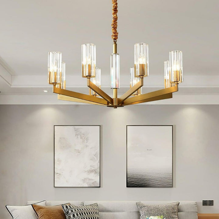 Luminara Chandelier – Modern Brass & Glass Living Room Light