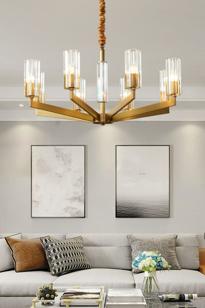 Luminara Chandelier – Modern Brass & Glass Living Room Light