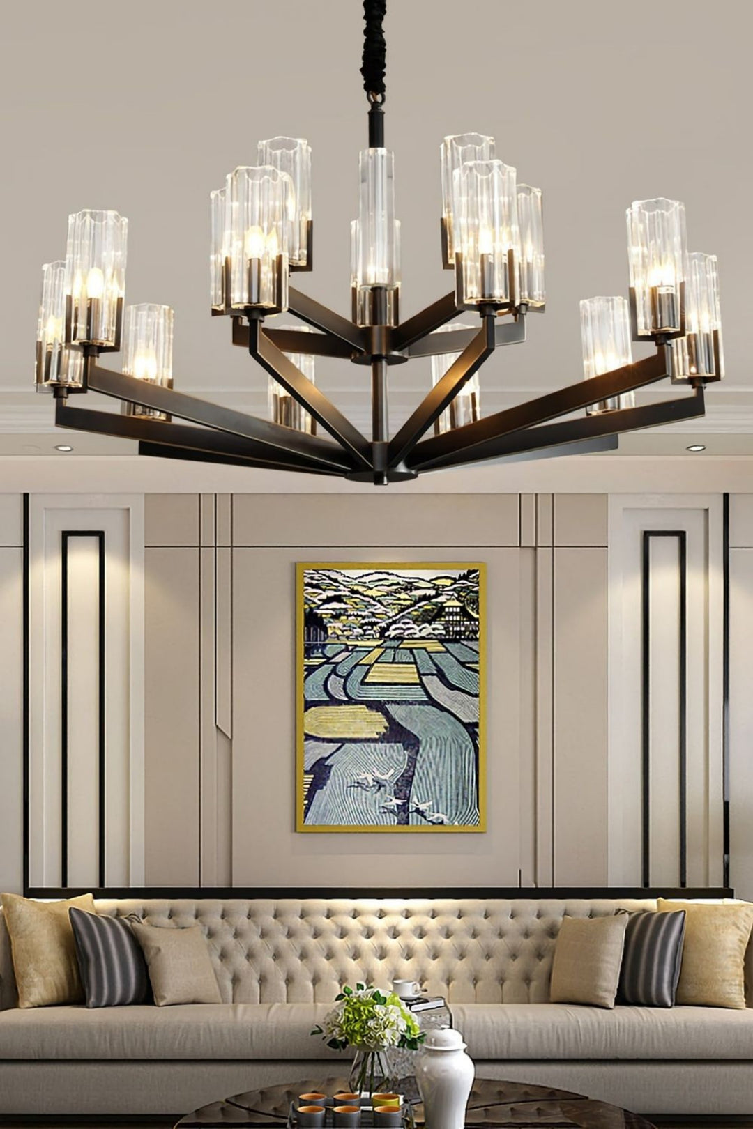 Luminara Chandelier – Modern Brass & Glass Living Room Light