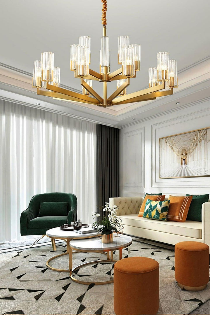 Luminara Chandelier – Modern Brass & Glass Living Room Light