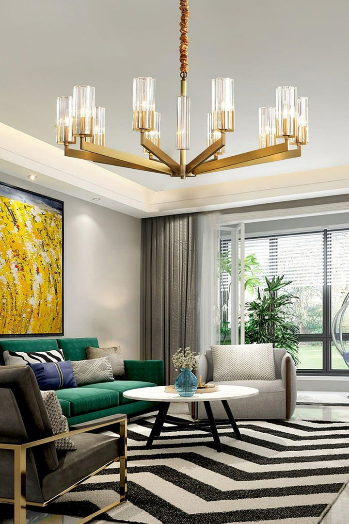 Luminara Chandelier – Modern Brass & Glass Living Room Light
