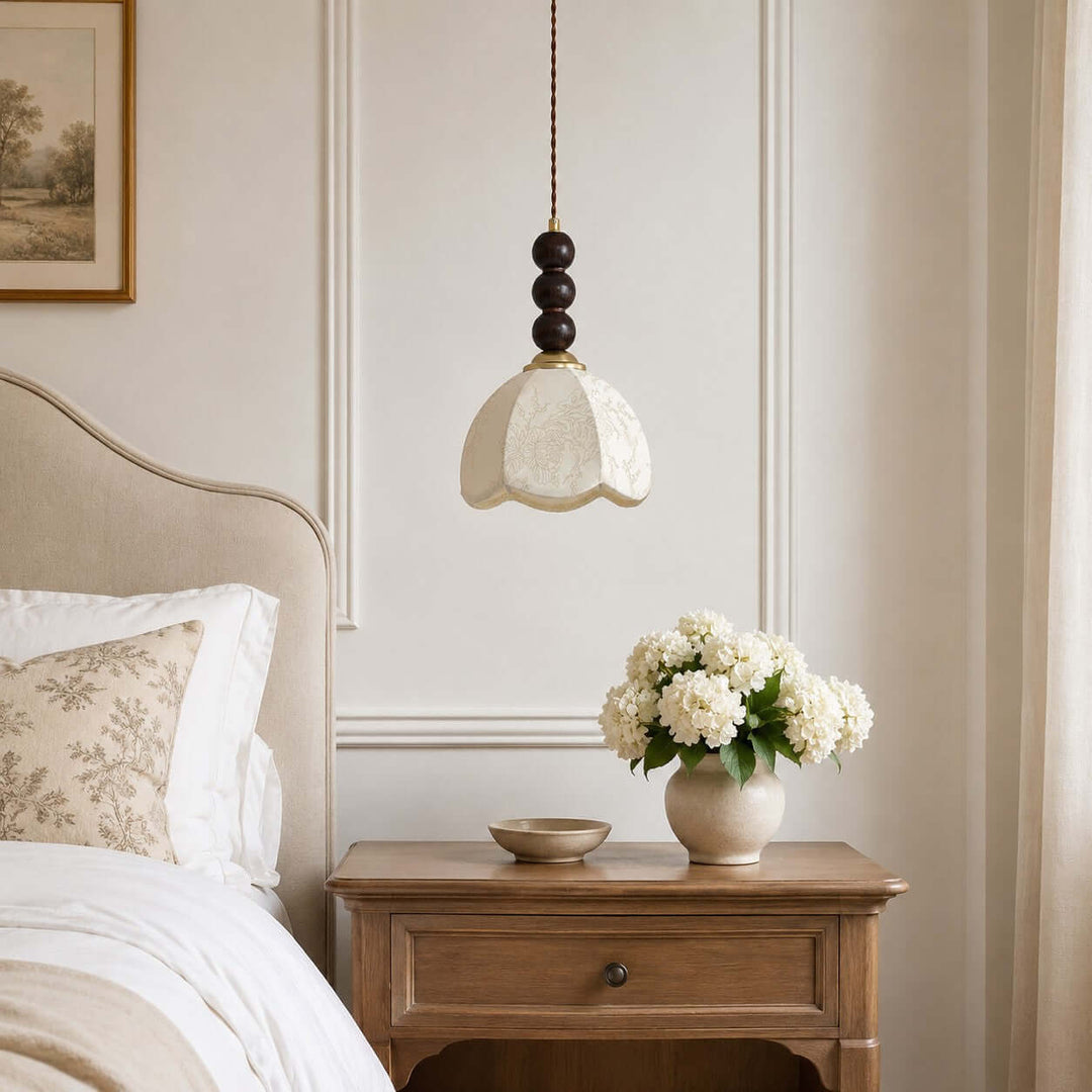 Lunavo Pendant Light – French Vintage Fabric Shade Bedside Lamp | Vinlighting