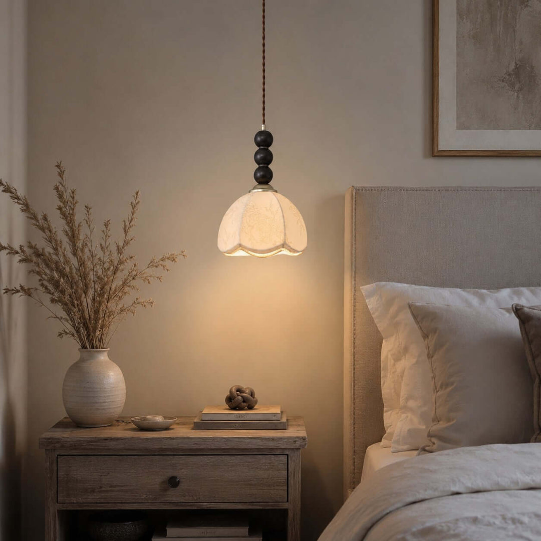 Lunavo Pendant Light – French Vintage Fabric Shade Bedside Lamp | Vinlighting