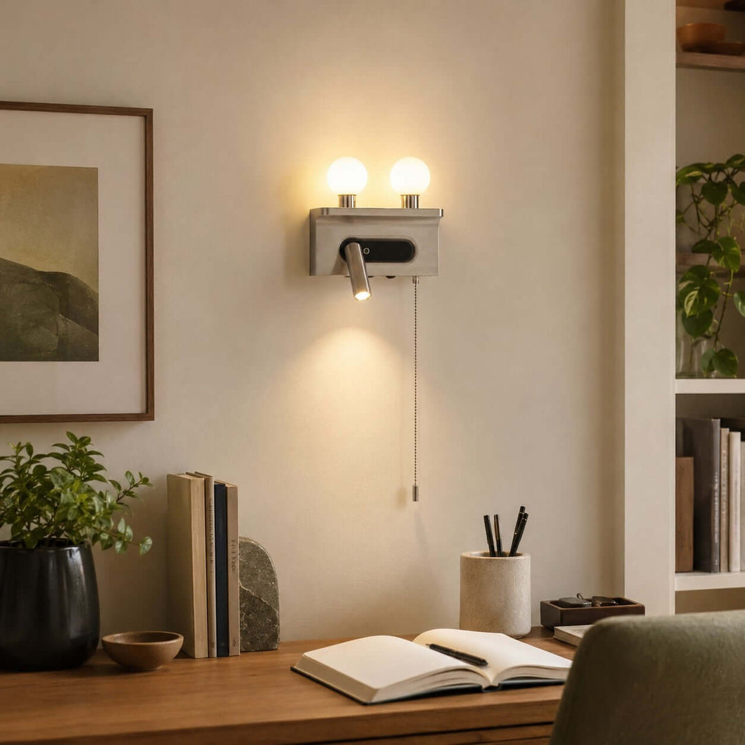 Luneth Bedside Wall Sconce with Glass Globes and Reading Light
