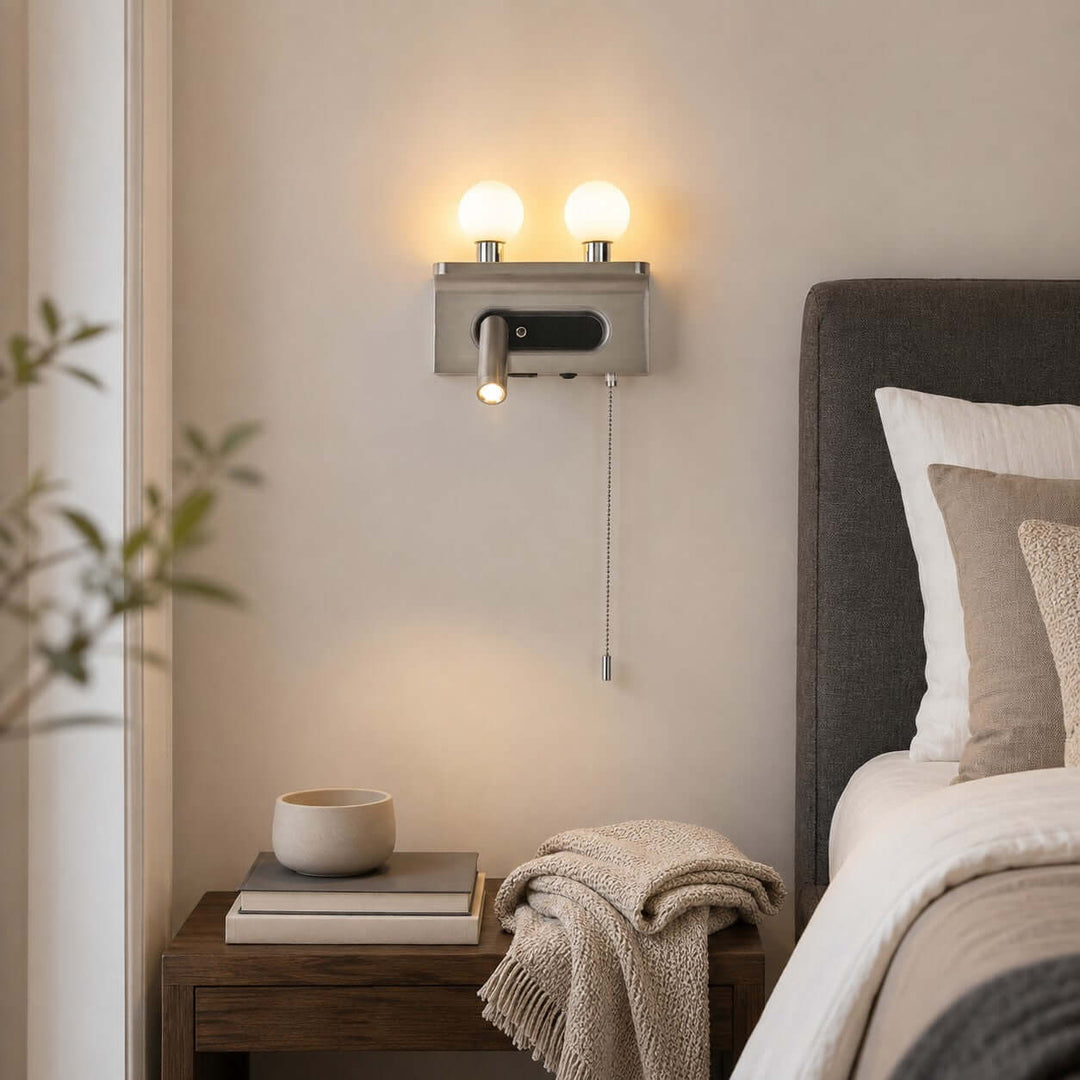 Luneth Bedside Wall Sconce with Glass Globes and Reading Light