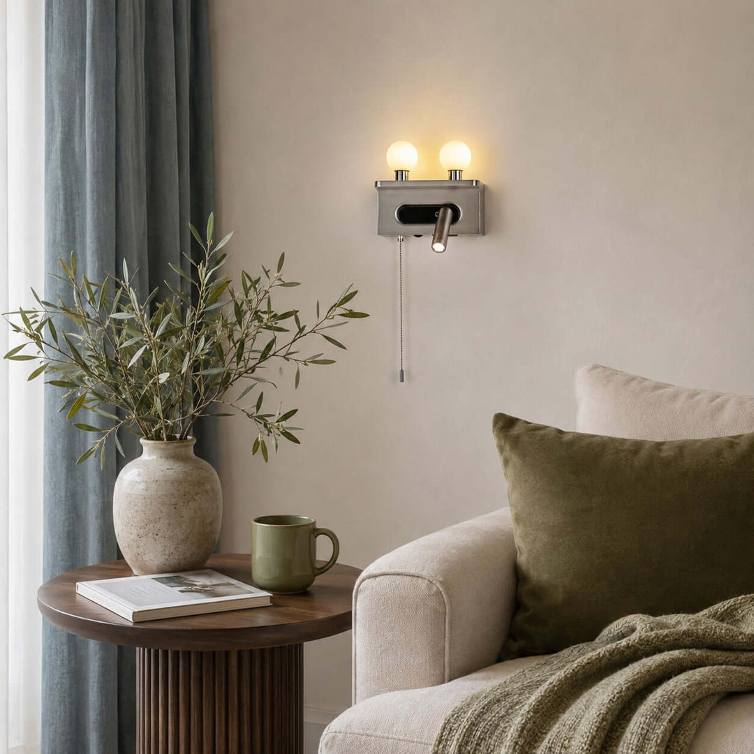 Luneth Bedside Wall Sconce with Glass Globes and Reading Light
