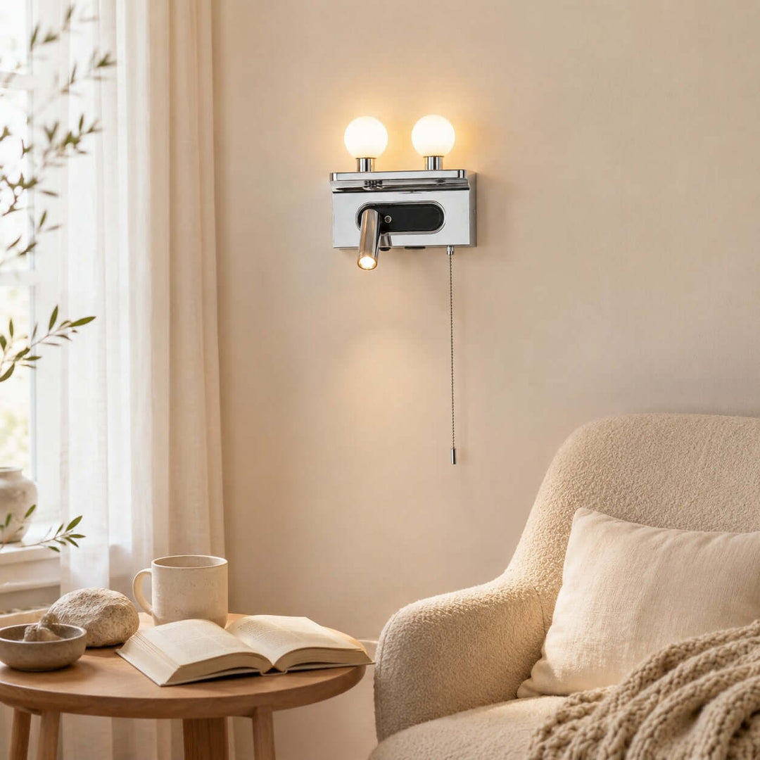 Luneth Bedside Wall Sconce with Glass Globes and Reading Light