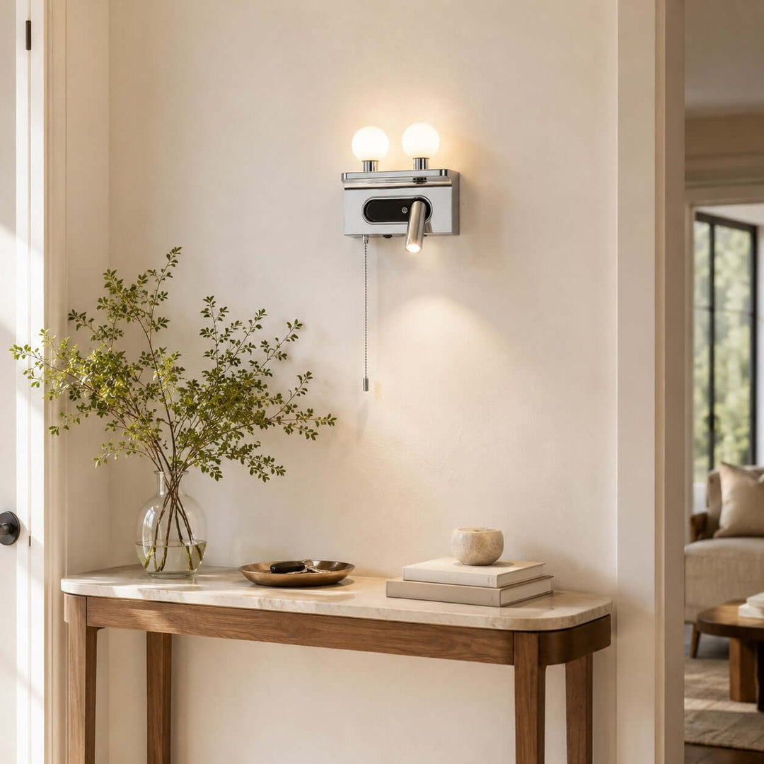 Luneth Bedside Wall Sconce with Glass Globes and Reading Light