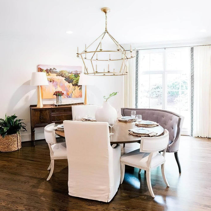 Luvo Serin Chandelier above a modern dining table in a stylish dining room with mid-century decor.