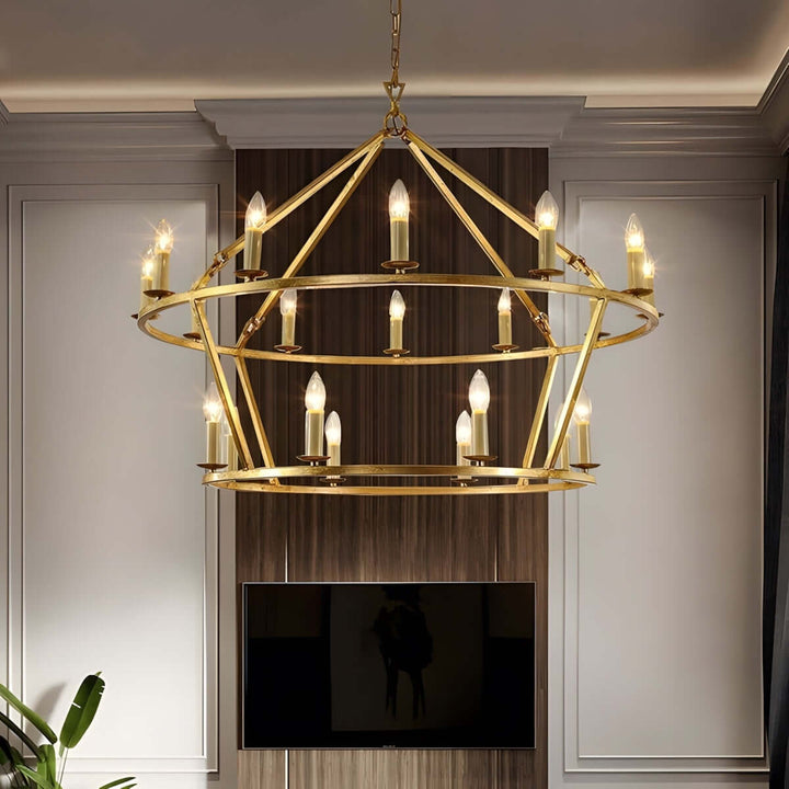 Luvo Serin Chandelier in modern dining room with golden finish and multiple lights, mid-century modern lighting design.
