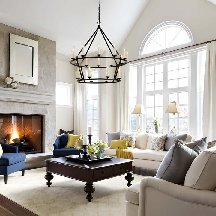Modern living room featuring Luvo Serin chandelier above a stylish coffee table and cozy seating arrangement.