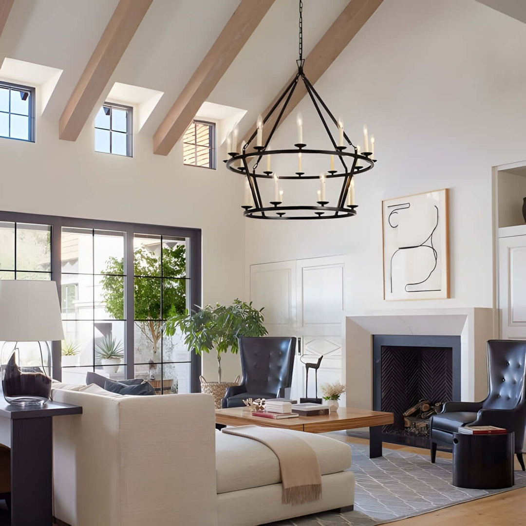 Modern mid-century chandelier illuminating a stylish living room with rustic beams and elegant furniture.