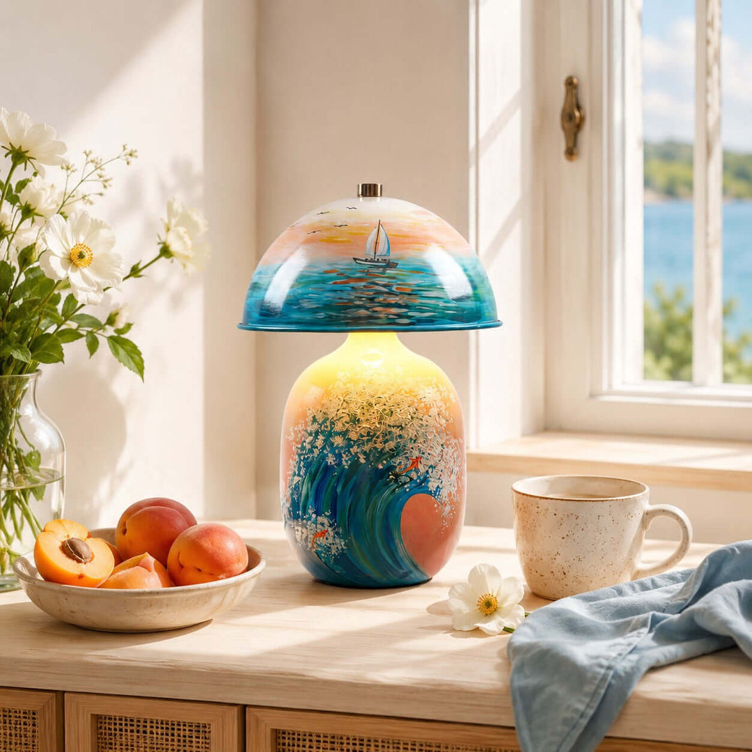 Marin Coastal Ocean Painted Ceramic Table Lamp for Bedroom &amp; Desk