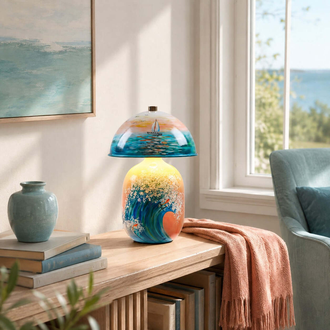 Marin Coastal Ocean Painted Ceramic Table Lamp for Bedroom &amp; Desk