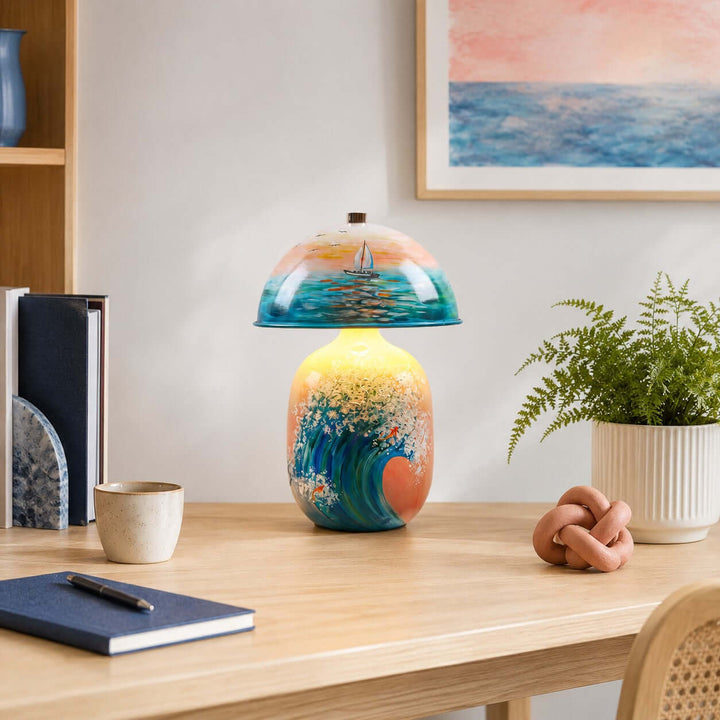 Marin Coastal Ocean Painted Ceramic Table Lamp for Bedroom &amp; Desk