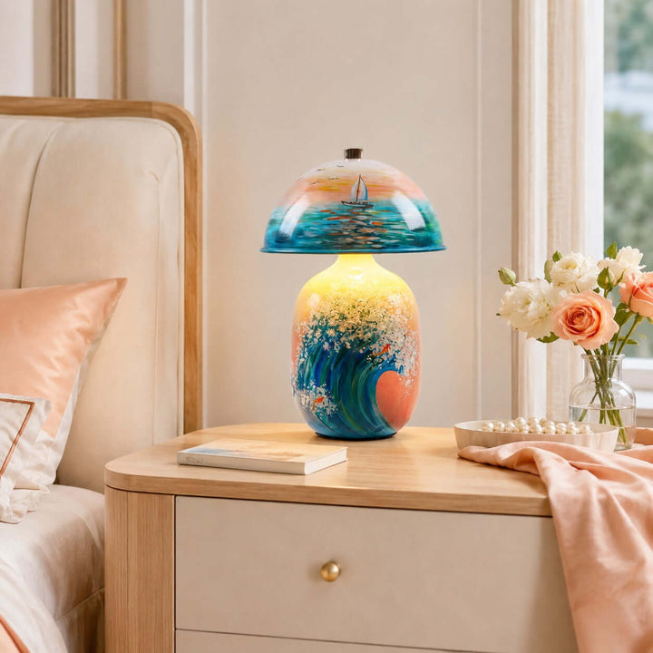 Marin Coastal Ocean Painted Ceramic Table Lamp for Bedroom &amp; Desk