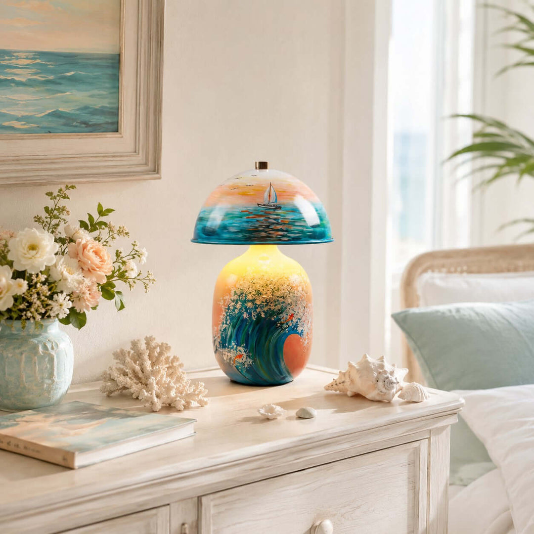 Marin Coastal Ocean Painted Ceramic Table Lamp for Bedroom &amp; Desk