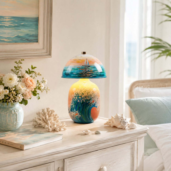 Marin Coastal Ocean Painted Ceramic Table Lamp for Bedroom &amp; Desk