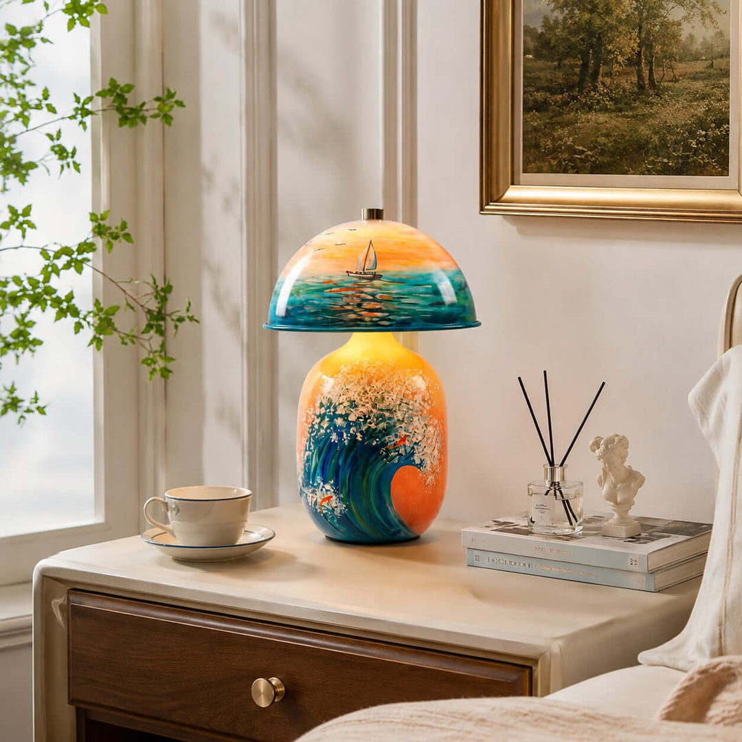 Marin Coastal Ocean Painted Ceramic Table Lamp for Bedroom &amp; Desk